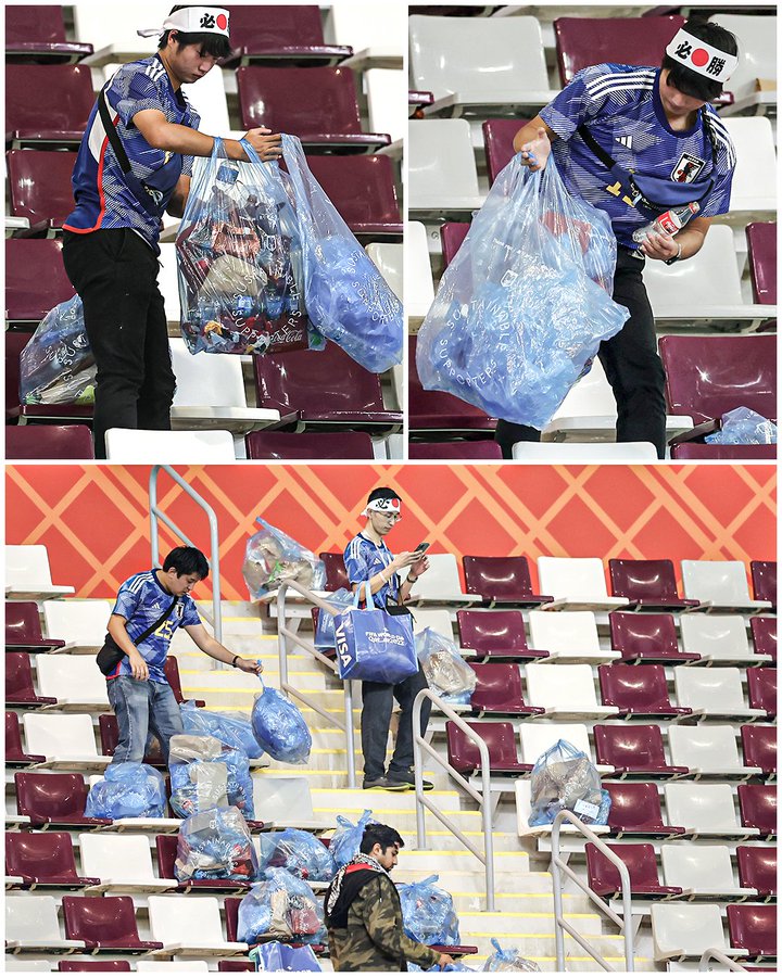 Japan soccer fans stayed after the game and cleaned up after themselves